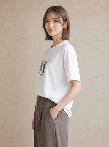 プリントTシャツ レディース 洗濯物 風 ナチュラル アンティーク イラスト 個性的 デイリーウェア 休日 白T