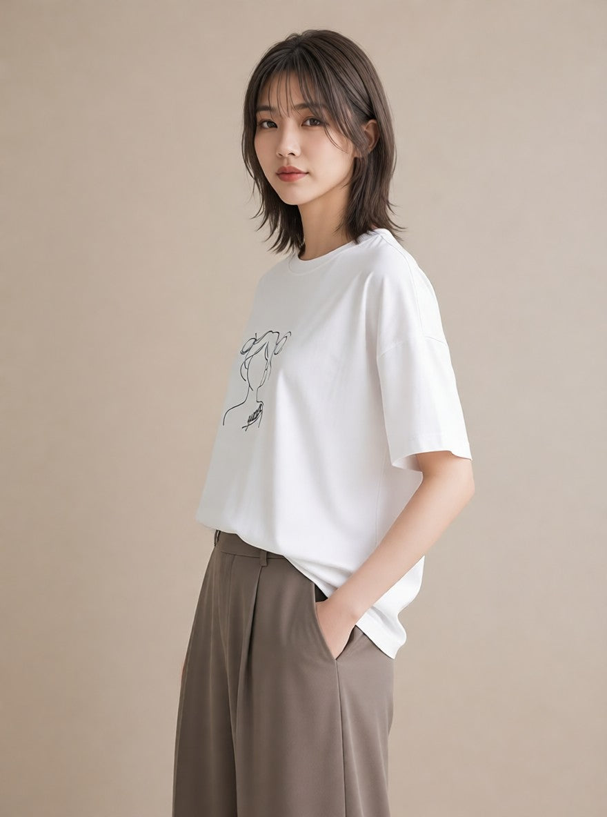 デザインTシャツ レディース 女の子 ガール 後ろ姿 イラスト こなれ感 旅行用 海 白T
