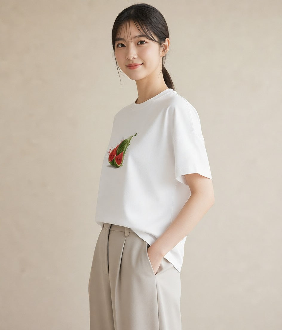 プリントTシャツ レディース すいか 食べ物 フード イラスト 韓国風 母娘コーデ 自分用 白T