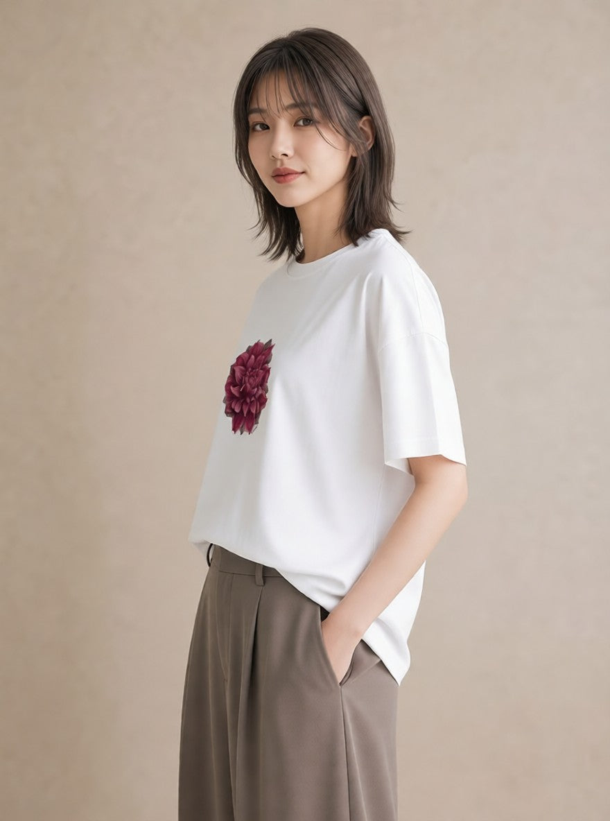 プリントTシャツ レディース 椿 花 花柄 イラスト レトロ ラフ レイヤード 白T