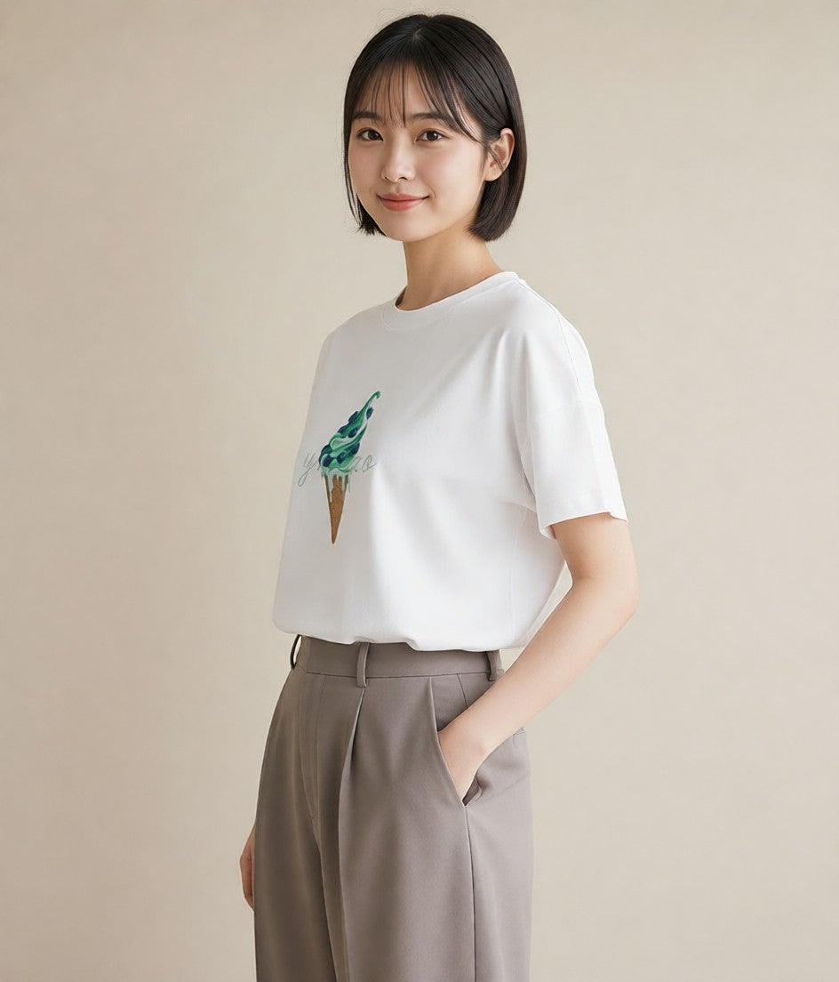 デザインTシャツ レディース アイス 食べ物 フード イラスト 可愛い レイヤード 友達ギフト 白T