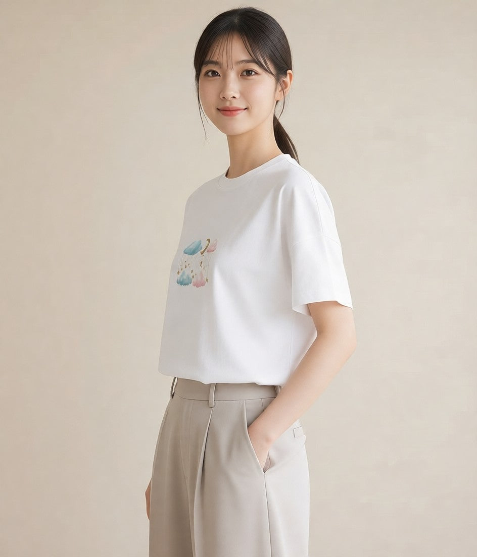 Tシャツ レディース 窓辺の雨 雨の日 窓 ナチュラル アンティーク イラスト ニュアンス ビーチ デイリーウェア 白T
