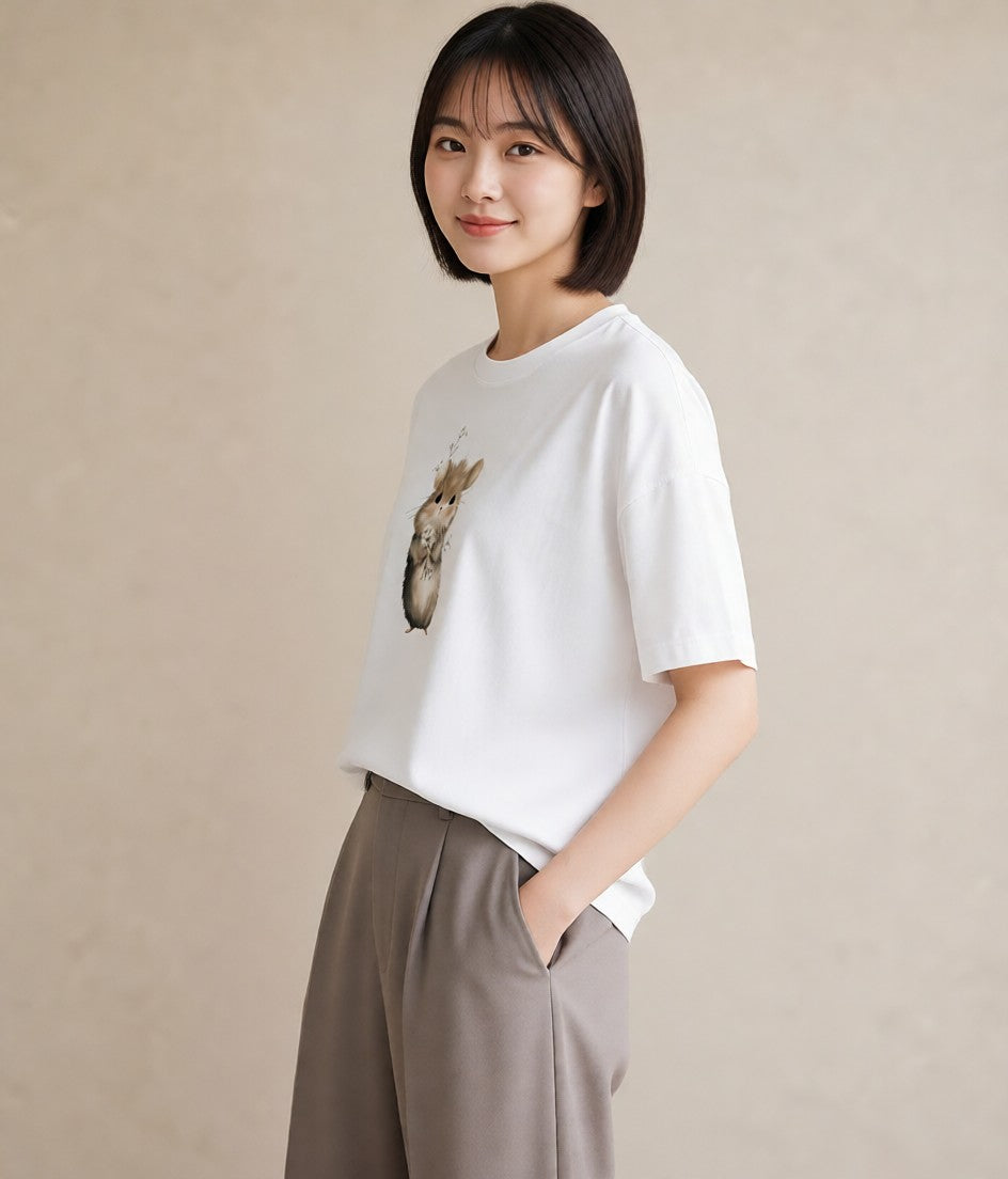 デザインTシャツ レディース ジャンガリアンハムスター ペット 動物 イラスト シック 海 カフェ巡り 白T