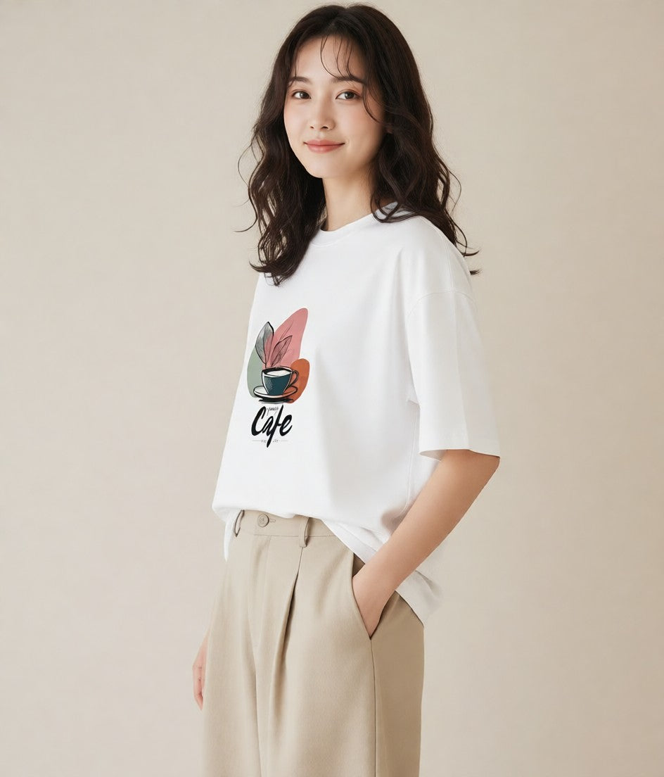 Tシャツ レディース カフェ カフェロゴ ロゴ イラスト ラフ レイヤード 白T