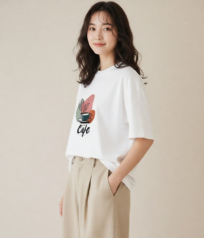 Tシャツ レディース カフェ カフェロゴ ロゴ イラスト ラフ レイヤード 白T