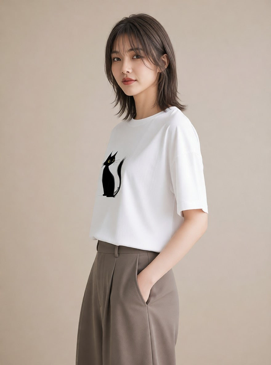 Tシャツ レディース 黒猫 猫 ねこ イラスト 上品 週末コーデ 敬老の日 白T