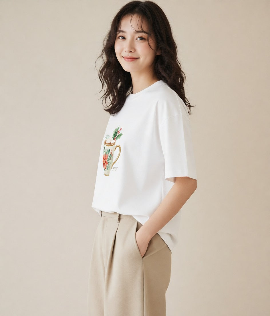 半袖Tシャツ レディース カフェラテ 食べ物 フード イラスト こなれ感 帰省 ラフ 白T