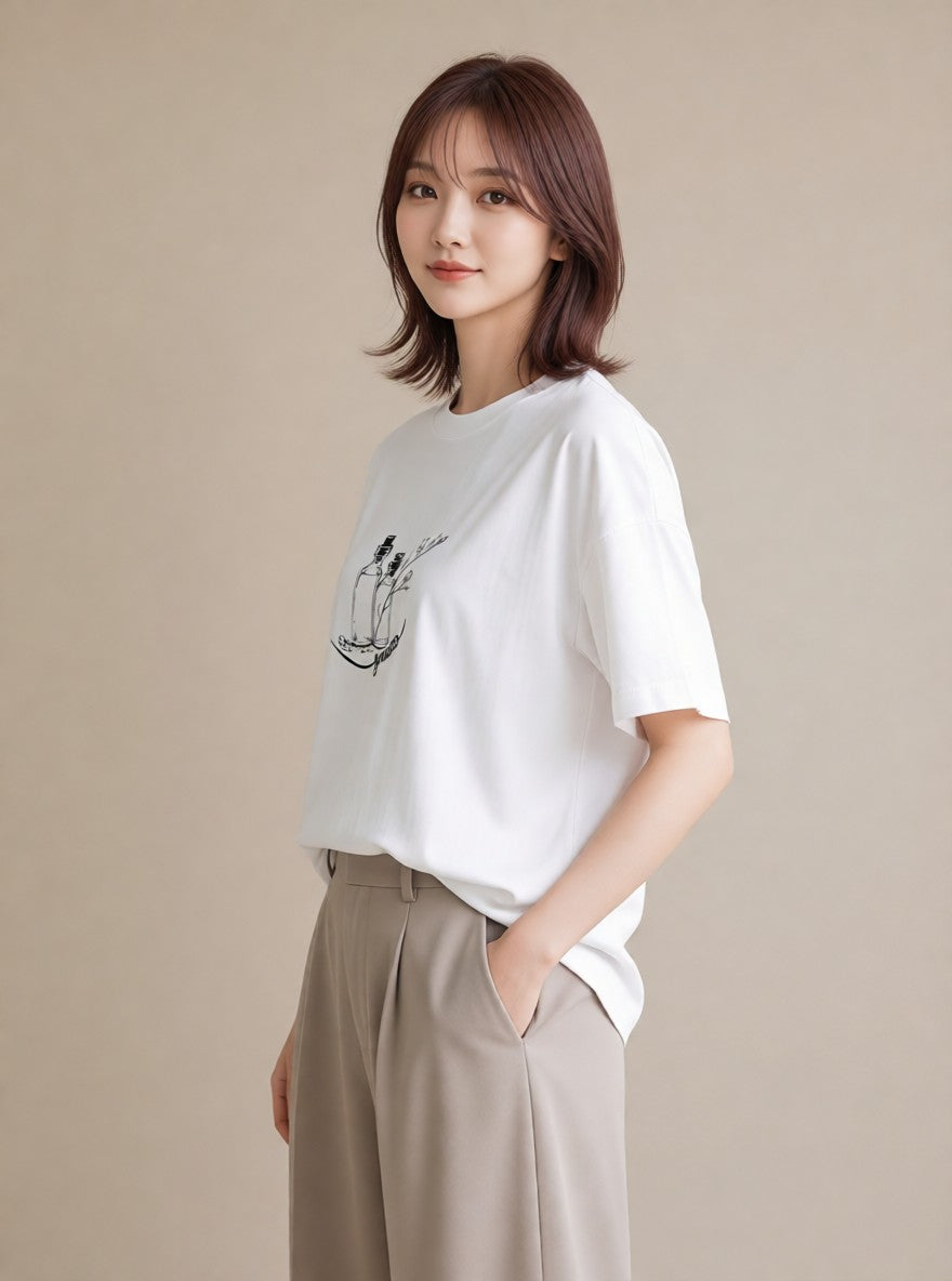 グラフィックTシャツ レディース 香水 香水瓶 パフューム イラスト きれいめカジュアル 部屋着 女性向けギフト 白T