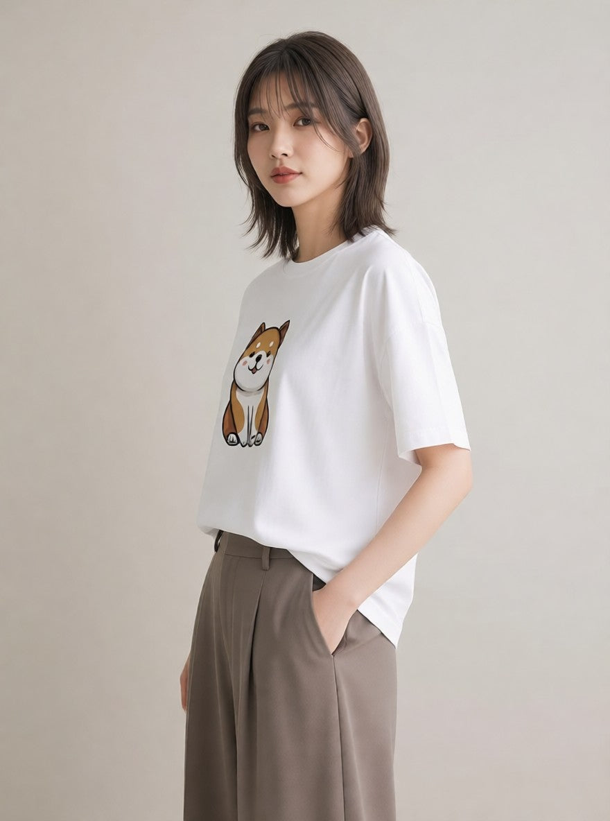 グラフィックTシャツ レディース 柴犬 しばいぬ 犬 いぬ イラスト ヴィンテージ風 ミセス 春コーデ 白T