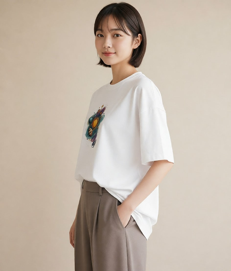 半袖Tシャツ レディース 水瓶座 星空 宇宙 イラスト カフェコーデ カフェ巡り 女子会 白T