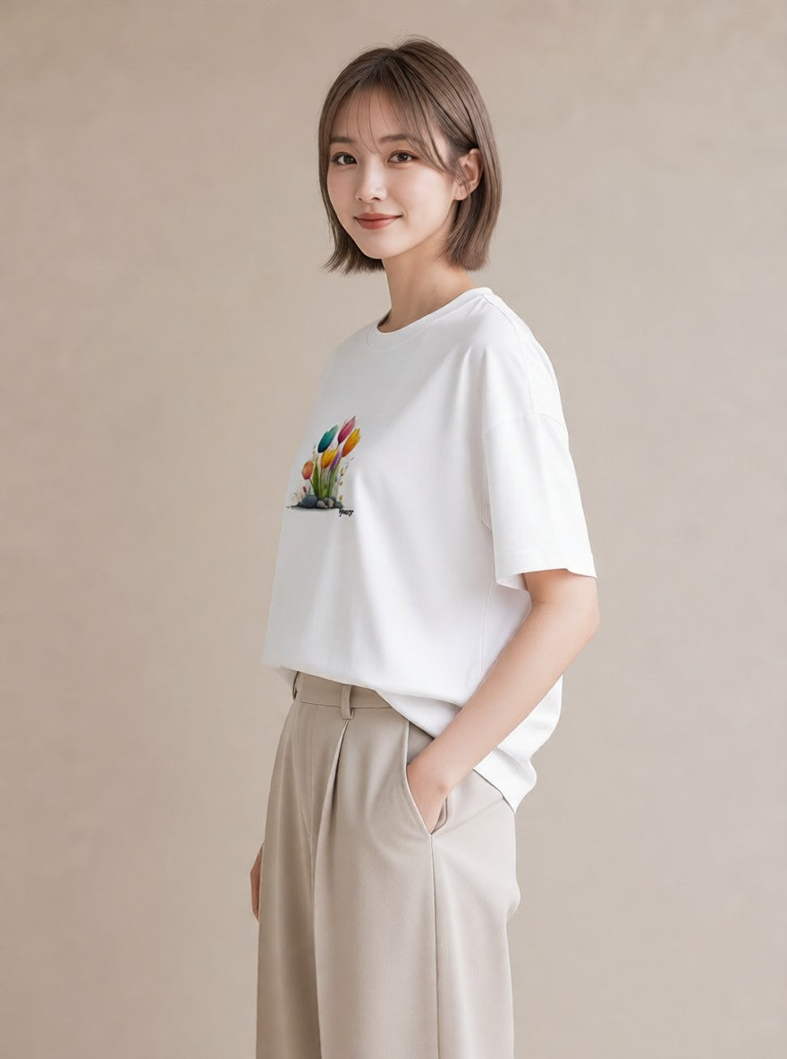 デザインTシャツ レディース チューリップ 花 花柄 イラスト ガーリー お出かけ 普段着 白T