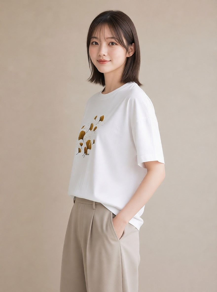 グラフィックTシャツ レディース 落ち葉 植物 ボタニカル イラスト ナチュラル 母の日 ビーチ 白T