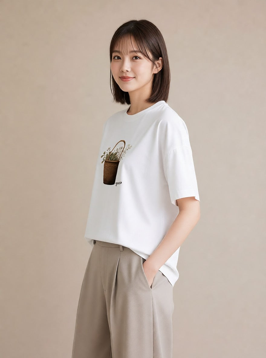 プリントTシャツ レディース 自転車のかご 自転車 花かご ナチュラル アンティーク イラスト 社会人 女性 白T