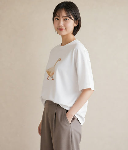 半袖Tシャツ レディース アヒル 動物 アニマル イラスト 普段使い 春コーデ 姉妹 白T