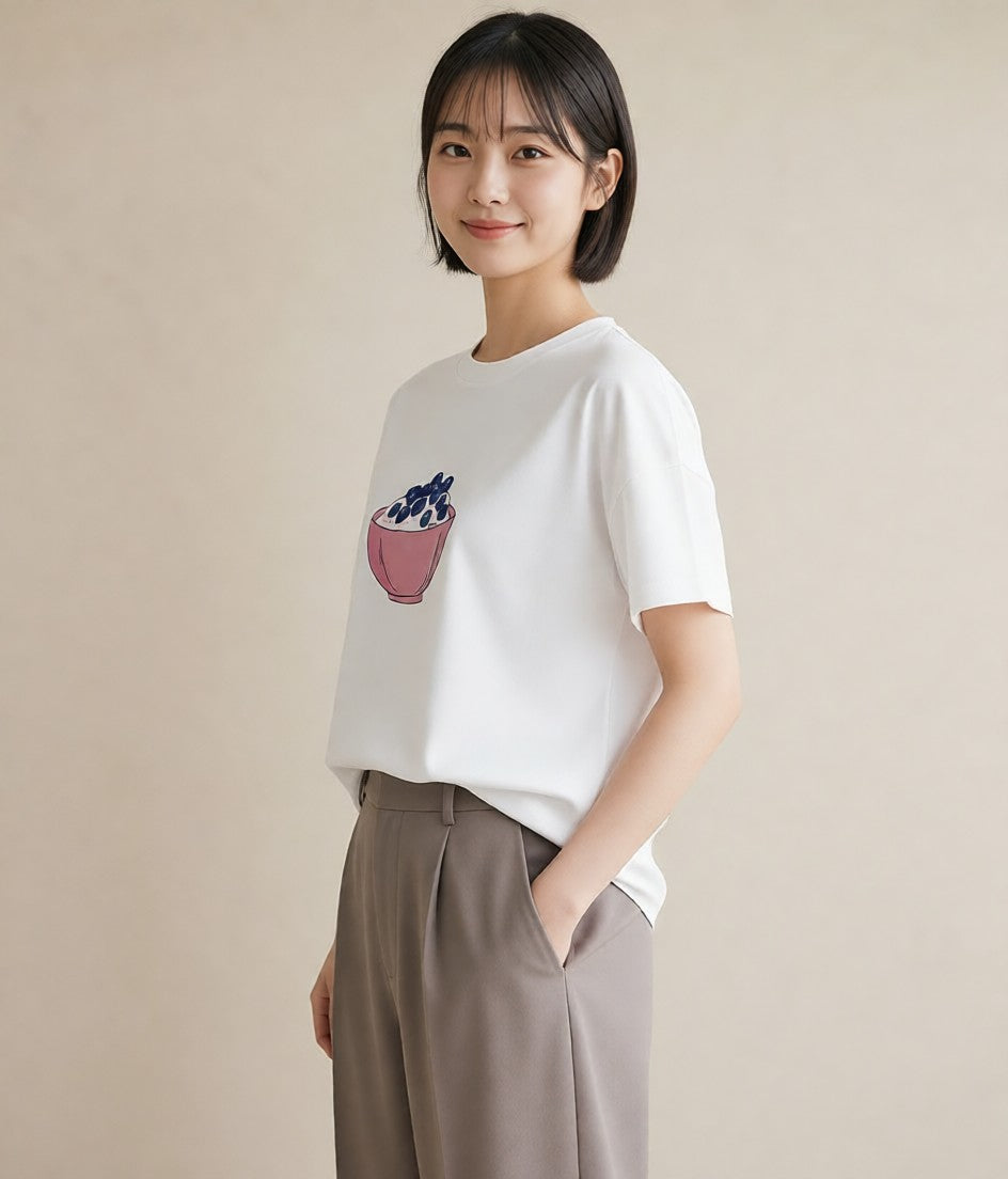 半袖Tシャツ レディース ブルーベリー 食べ物 フード イラスト ラフ クリスマス 旅行 白T