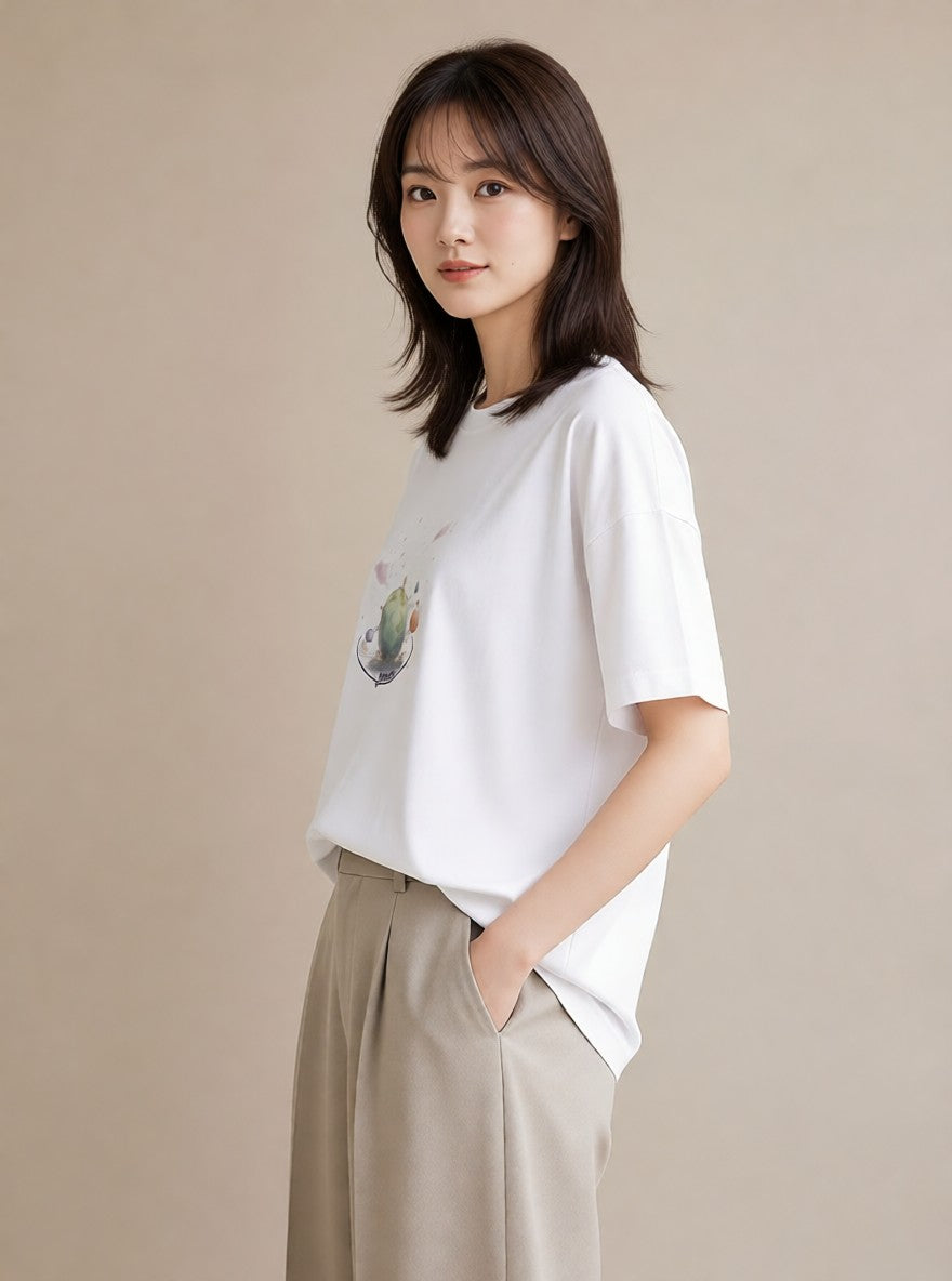 デザインTシャツ レディース プラネット 星空 宇宙 イラスト ナチュラル 買い物 夏コーデ 白T