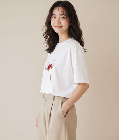 グラフィックTシャツ レディース 彼岸花 花 花柄 イラスト ヴィンテージ風 散歩 お出かけ 白T