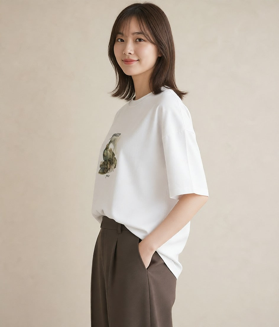 プリントTシャツ レディース 駅のホーム ローカル線 駅 ナチュラル アンティーク イラスト 個性的 お揃い 親子 白T