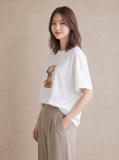 グラフィックTシャツ レディース 猫好き 猫 ねこ イラスト 旅行コーデ ラフ レイヤード 白T