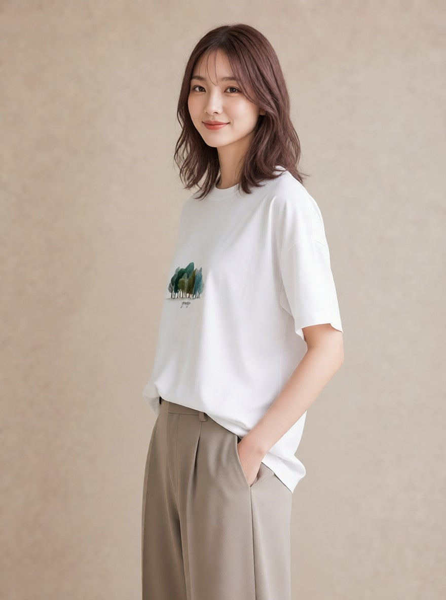 プリントTシャツ レディース 森 植物 ボタニカル イラスト ラフ 綿100 デート 白T