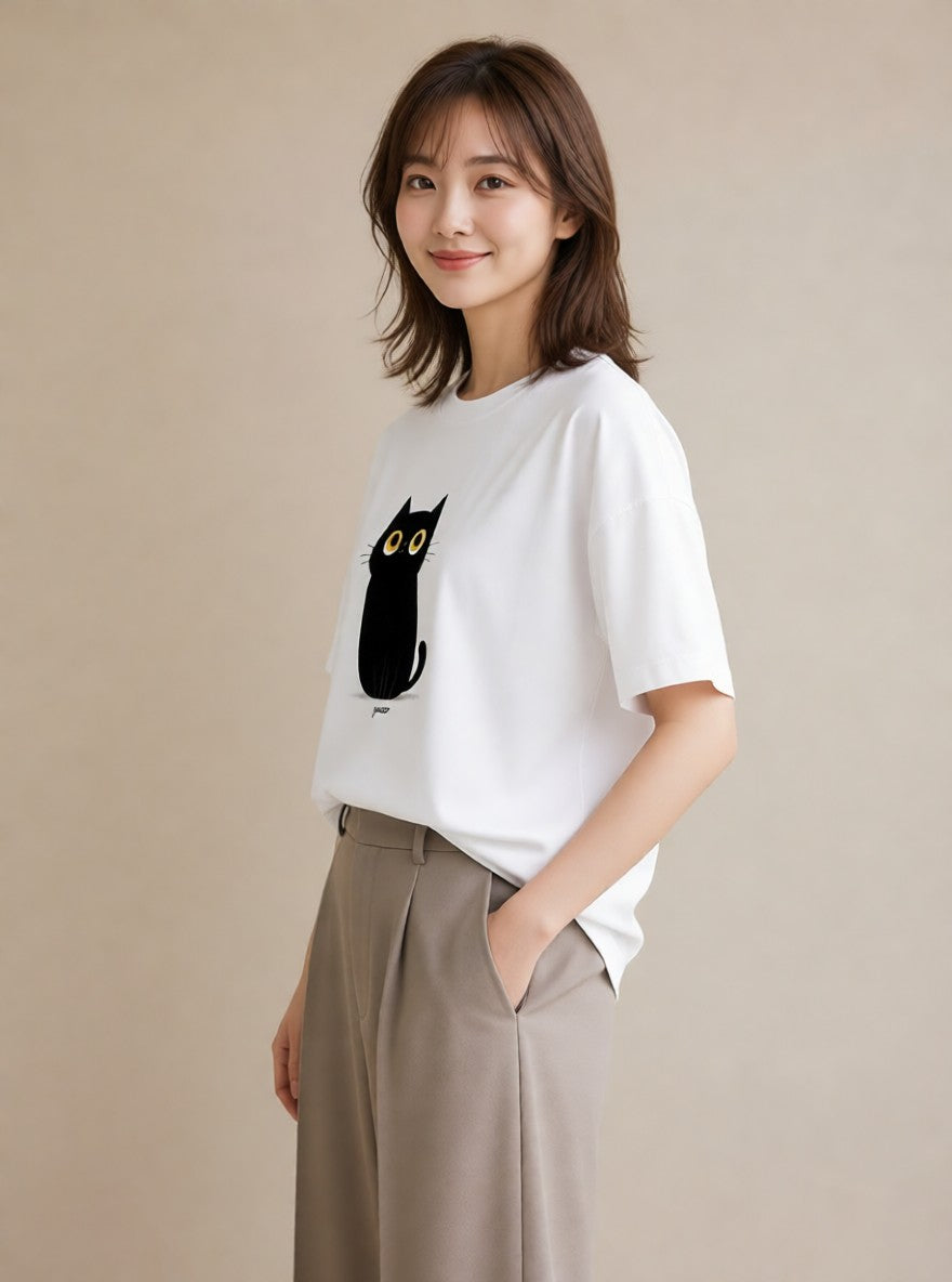 グラフィックTシャツ レディース 黒猫 猫 ねこ イラスト 上品 クリスマス 旅行 白T