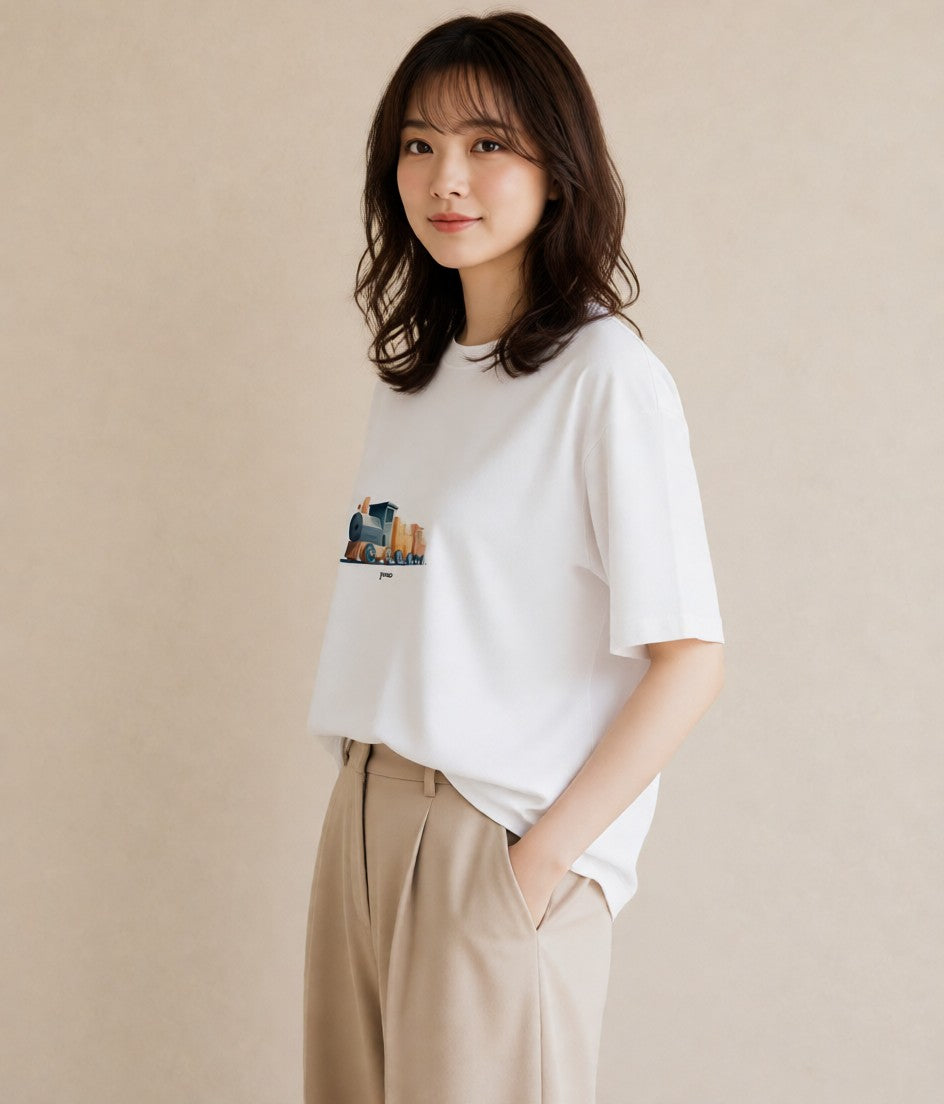 グラフィックTシャツ レディース 駅のホーム ローカル線 駅 ナチュラル アンティーク イラスト 帰省 ラフ 白T