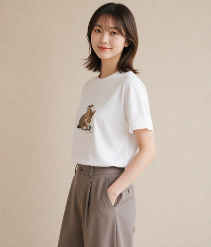 デザインTシャツ レディース 子猫 猫 ねこ イラスト 韓国風 誕生日プレゼント 綿100 白T