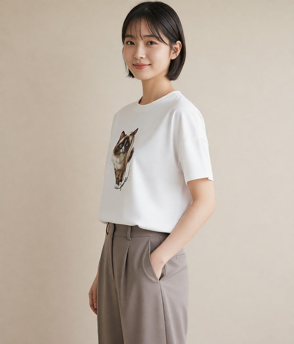 Tシャツ レディース ブリティッシュショートヘア 猫 ねこ イラスト 線画 親子 20代 白T