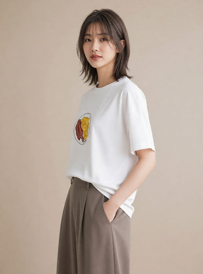半袖Tシャツ レディース たまご 食べ物 フード イラスト フェミニン 通学 誕生日プレゼント 白T