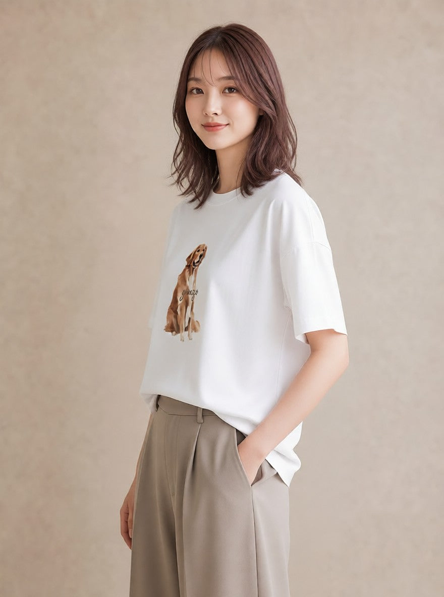 Tシャツ レディース ゴールデンレトリバー ゴールデン 犬 いぬ イラスト 淡色 カジュアルコーデ 買い物 白T