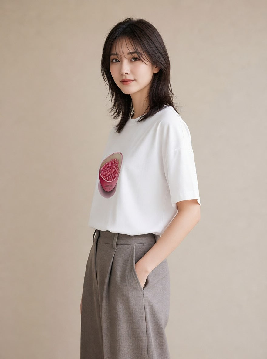 デザインTシャツ レディース パールピアス アクセサリー ナチュラル アンティーク イラスト 水彩風 デイリーウェア 休日 白T