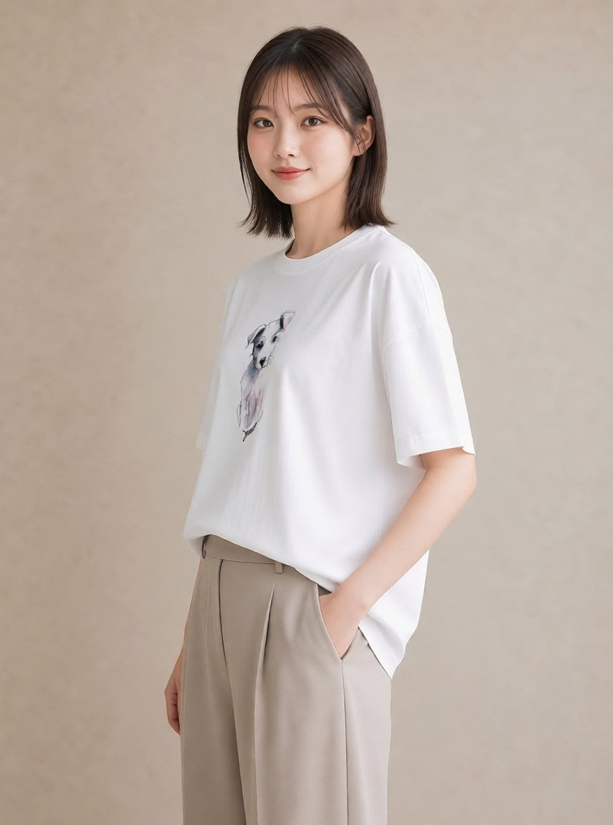 Tシャツ レディース いぬ 犬 ワンコ イラスト 韓国風 海 カフェ巡り 白T