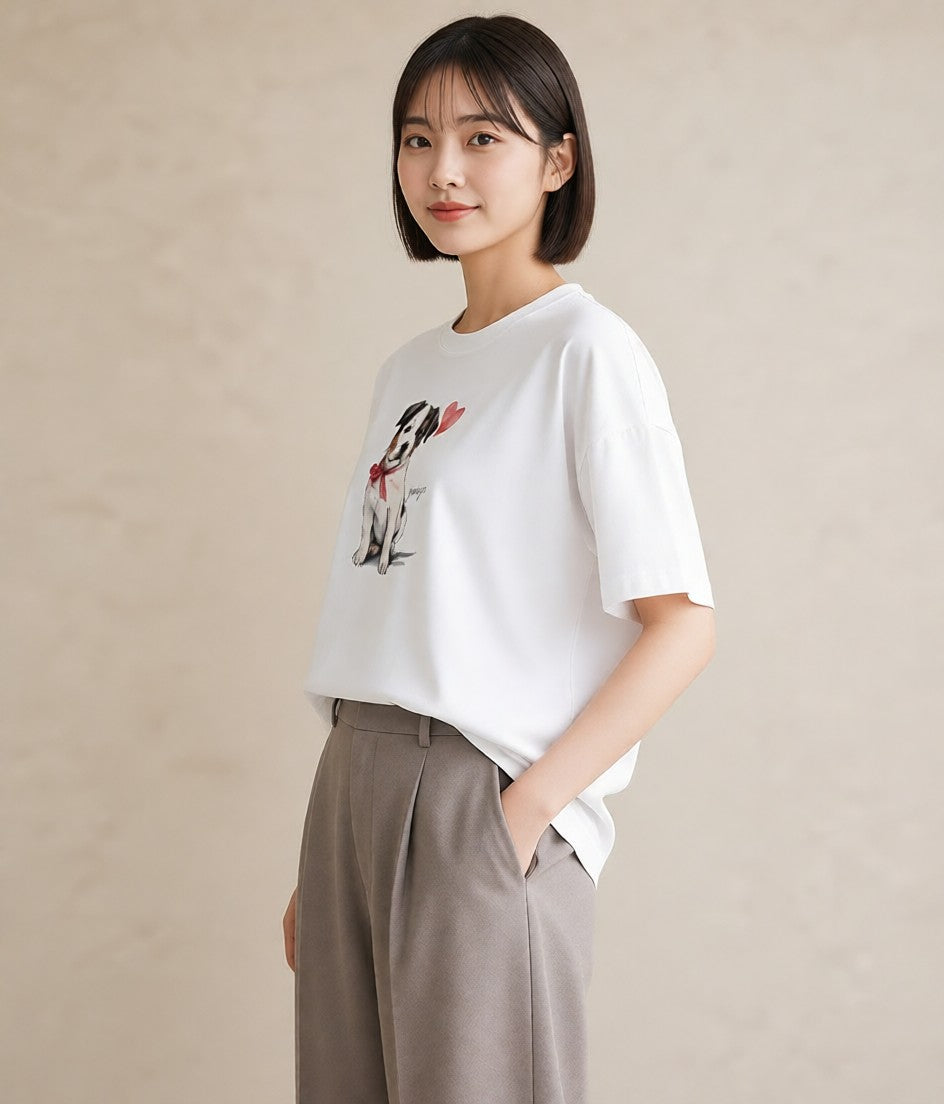 プリントTシャツ レディース 愛犬 犬 いぬ イラスト ゆるかわ 自分用 ルームウェア 白T