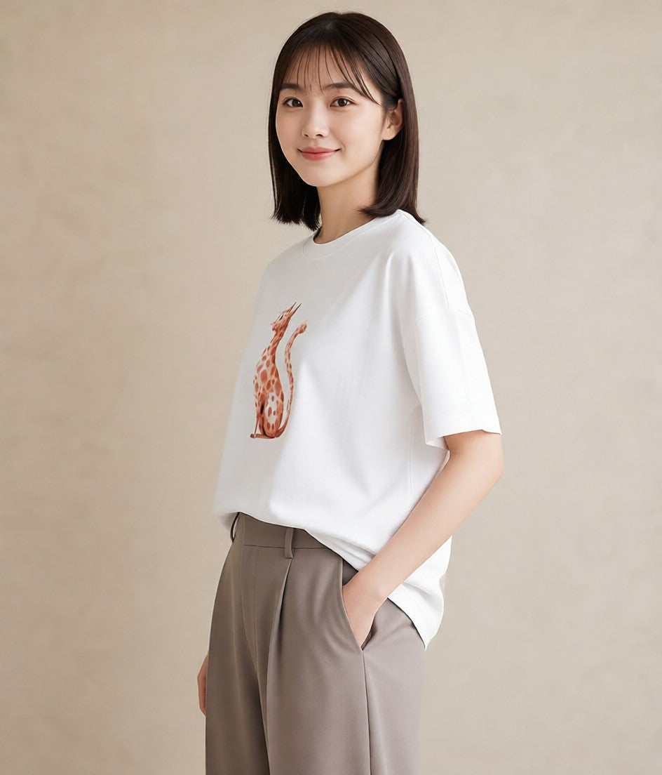 プリントTシャツ レディース サビ猫 猫 ねこ イラスト フェミニン 誕生日プレゼント 綿100 白T