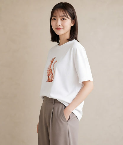 プリントTシャツ レディース サビ猫 猫 ねこ イラスト フェミニン 誕生日プレゼント 綿100 白T