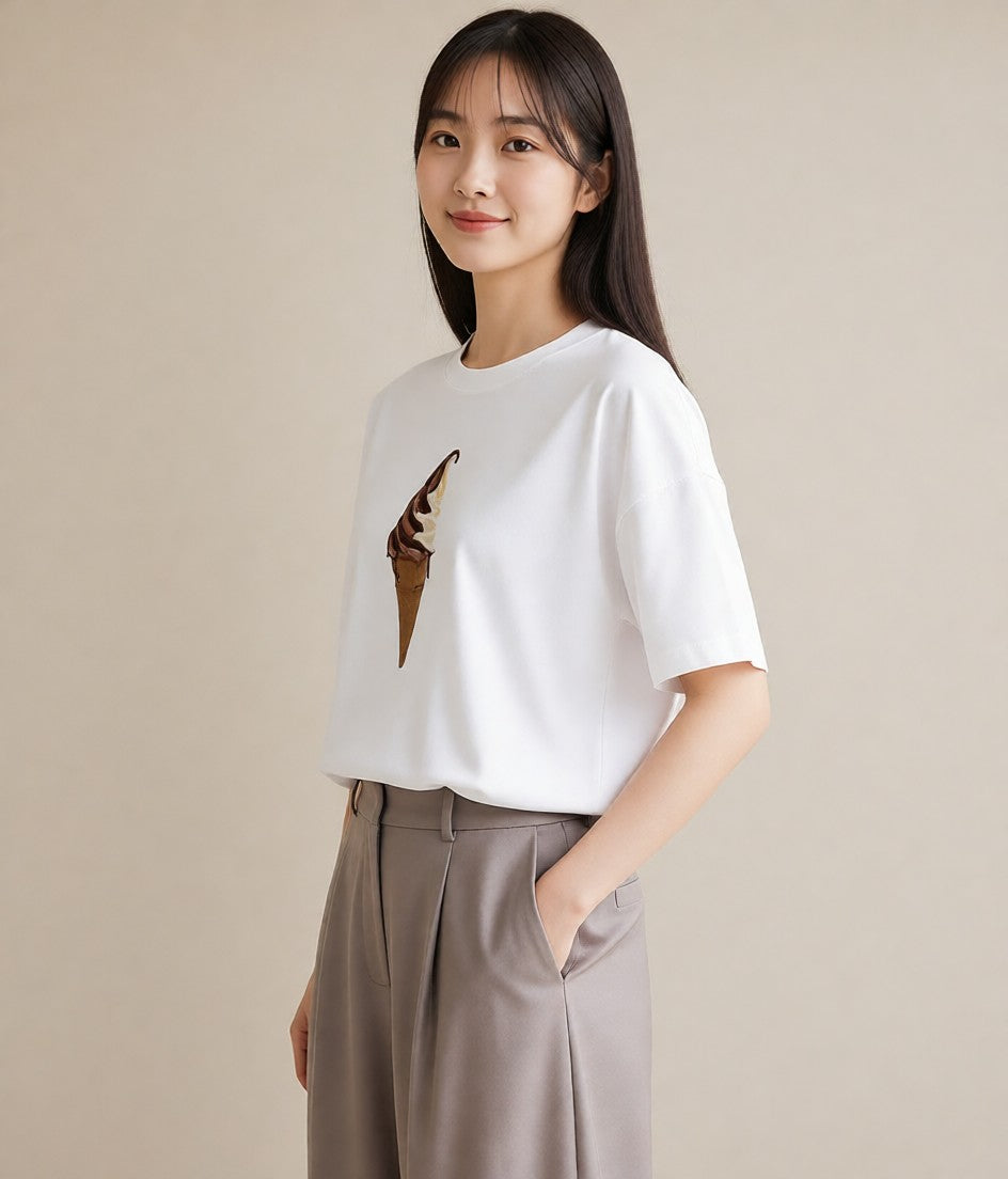Tシャツ レディース アイス 食べ物 フード イラスト 韓国風 カジュアルコーデ 買い物 白T