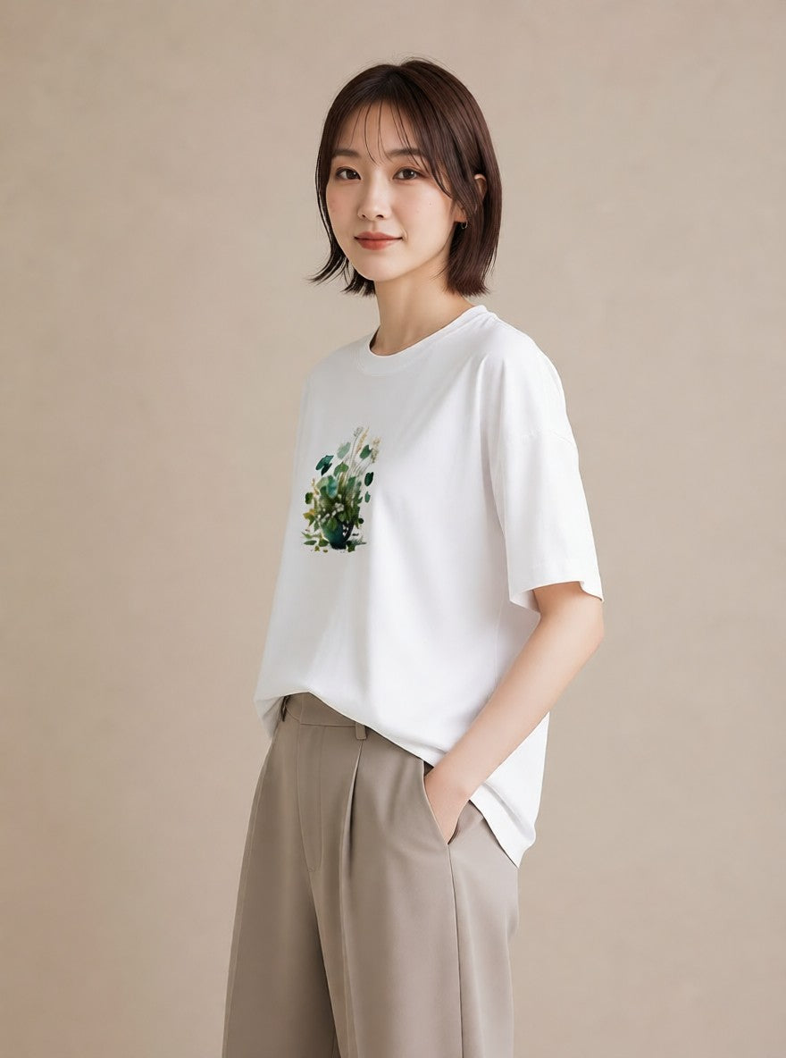 半袖Tシャツ レディース ハーブ 植物 ボタニカル イラスト ゆるコーデ レイヤード 友達ギフト 白T
