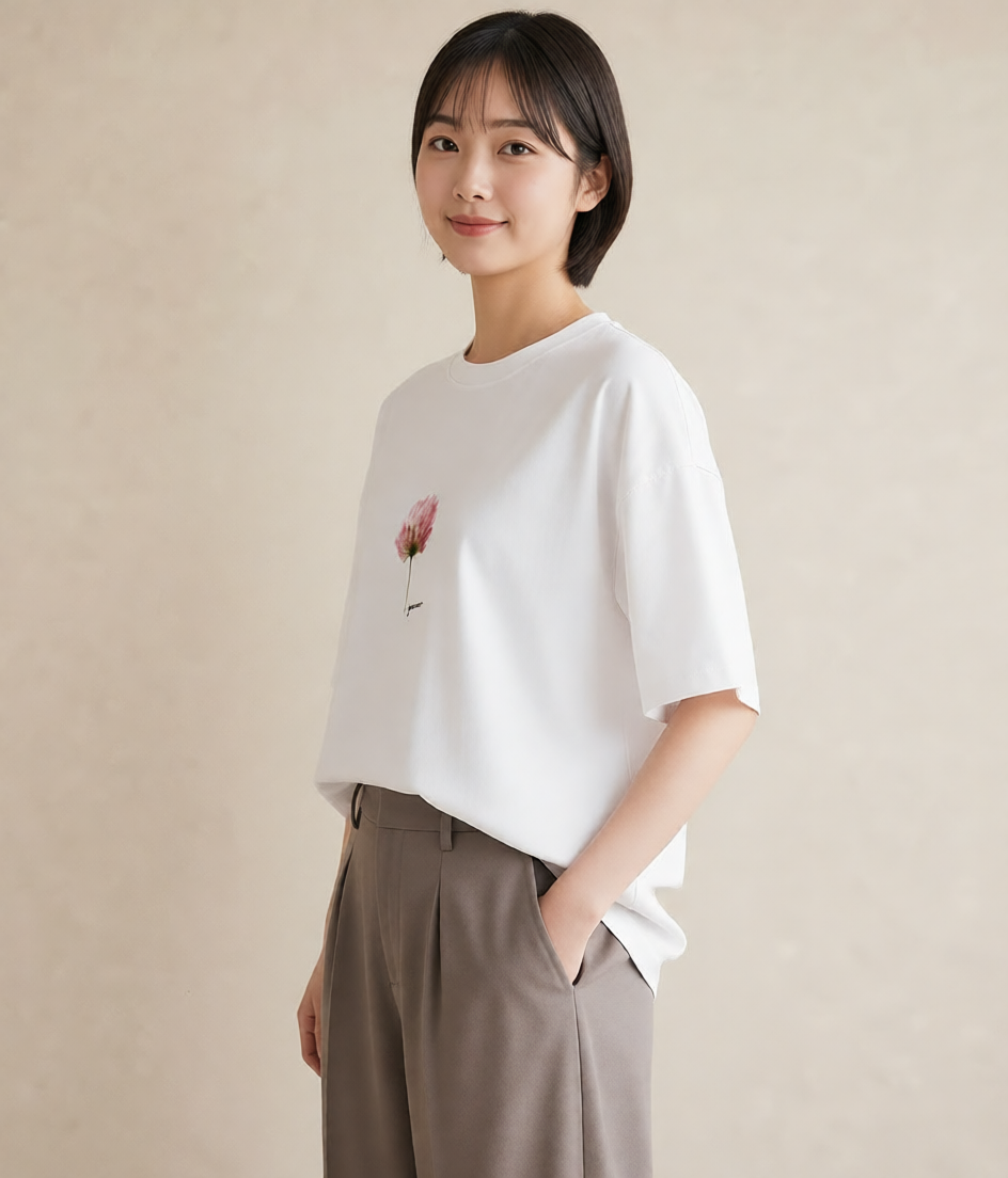 プリントTシャツ レディース ミモザ 花 花柄 イラスト 旅行コーデ カフェ服 クリスマス 白T