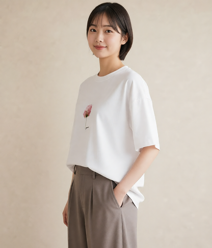 プリントTシャツ レディース ミモザ 花 花柄 イラスト 旅行コーデ カフェ服 クリスマス 白T