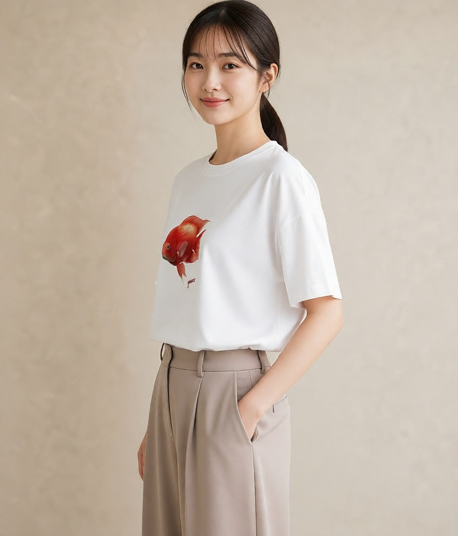 半袖Tシャツ レディース 出目金 ペット 動物 イラスト ユニーク 女性向けギフト 散歩 白T