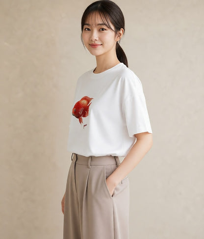 半袖Tシャツ レディース 出目金 ペット 動物 イラスト ユニーク 女性向けギフト 散歩 白T