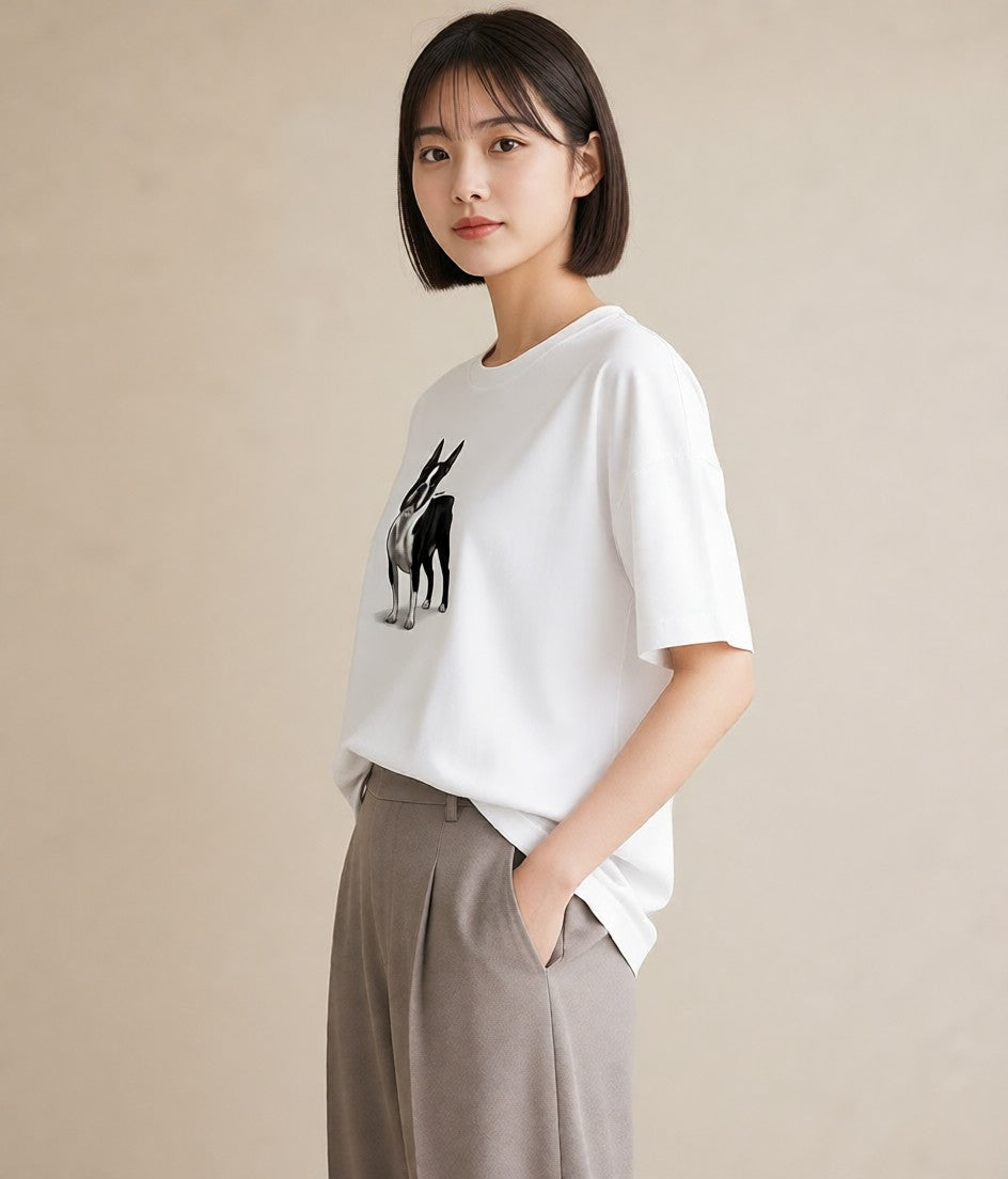 半袖Tシャツ レディース ボストンテリア 犬 いぬ イラスト フェミニン デート 帰省 白T