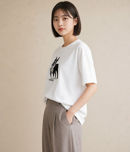 半袖Tシャツ レディース ボストンテリア 犬 いぬ イラスト フェミニン デート 帰省 白T