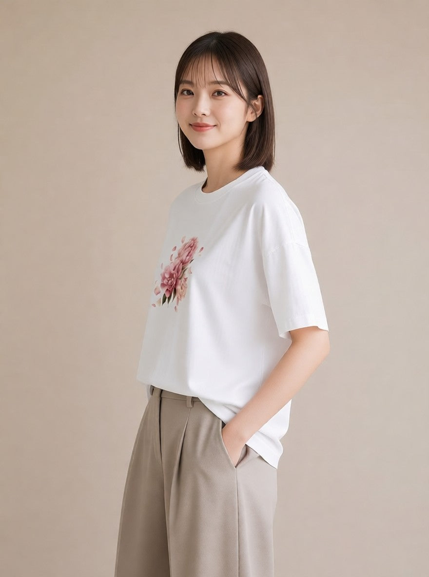 グラフィックTシャツ レディース 椿 花 花柄 イラスト 休日コーデ 送別ギフト 通勤 白T