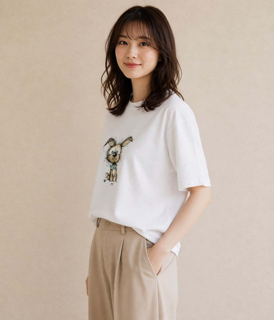 デザインTシャツ レディース 犬 いぬ イラスト こなれ感 カフェ巡り 女子会 白T