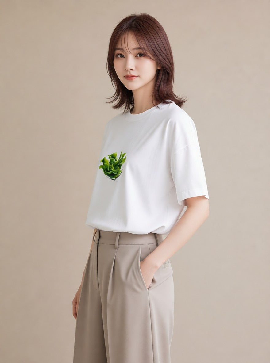 Tシャツ レディース 新緑 植物 ボタニカル イラスト 線画 カジュアルコーデ 買い物 白T