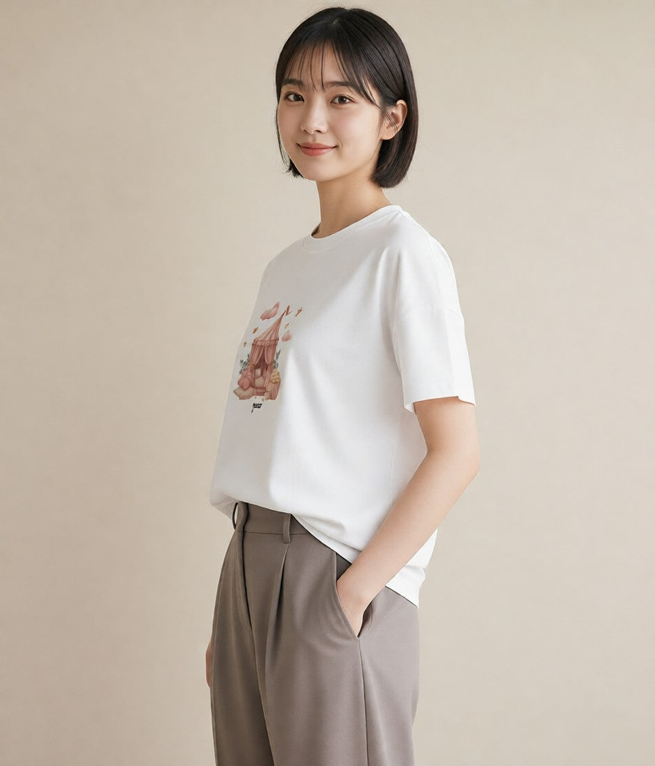 半袖Tシャツ レディース ポップコーン 食べ物 フード イラスト 旅行コーデ 社会人 女性 白T