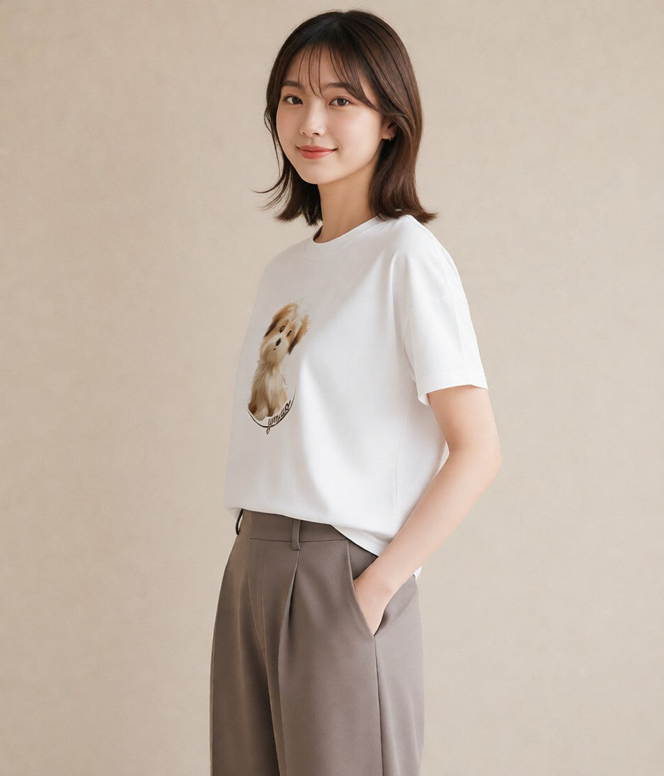 Tシャツ レディース わんちゃん 犬 いぬ イラスト ミニマル 普段着 週末コーデ 白T