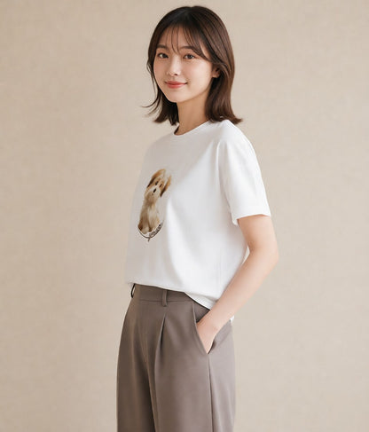 Tシャツ レディース わんちゃん 犬 いぬ イラスト ミニマル 普段着 週末コーデ 白T