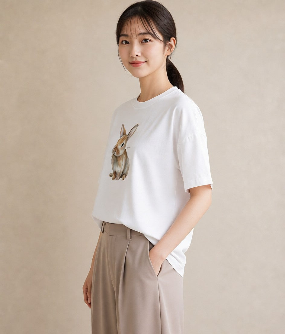 プリントTシャツ レディース ロップイヤー ペット 動物 イラスト レトロ 普段着 週末コーデ 白T